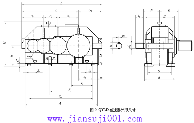 QY3D型起重機用硬齒面減速器外形及安裝尺寸