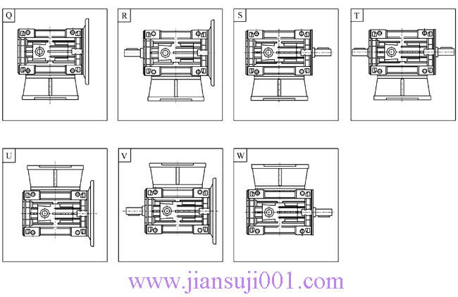 JRST系列多置式蝸桿減速機入力軸和輸出法蘭指向圖