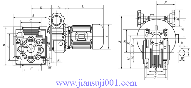 BWJ系列變速蝸桿減速器系列規(guī)格型號的外形及安裝尺寸