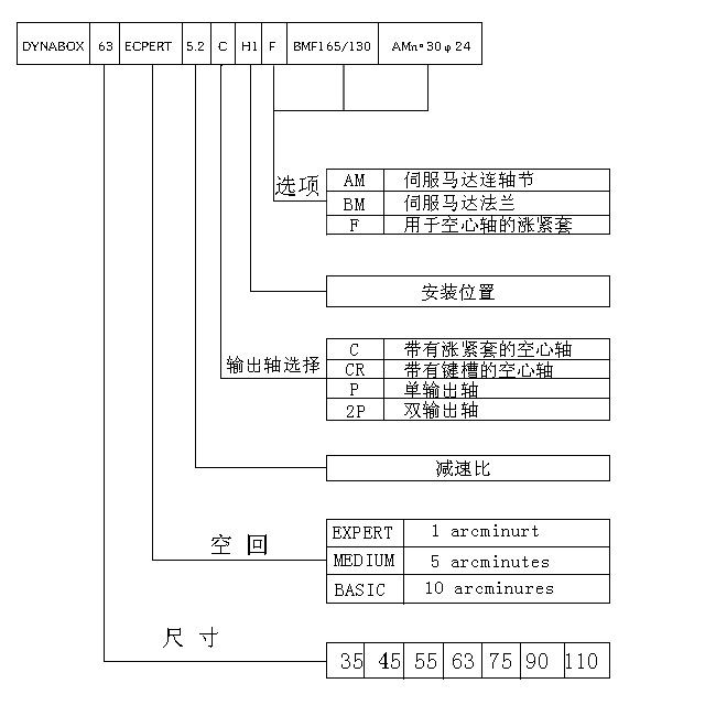 DYNABOX正交精密行星齒輪減速機(jī)標(biāo)記示例及安裝方式
