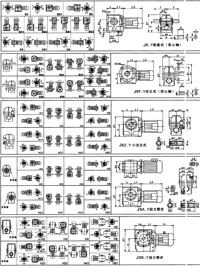 JS系列斜齒輪-蝸輪減速機安裝方位和尺寸圖表(JS37-JS97)