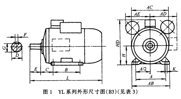 YL系列單相雙值電容異步電動(dòng)機(jī)外形安裝尺寸
